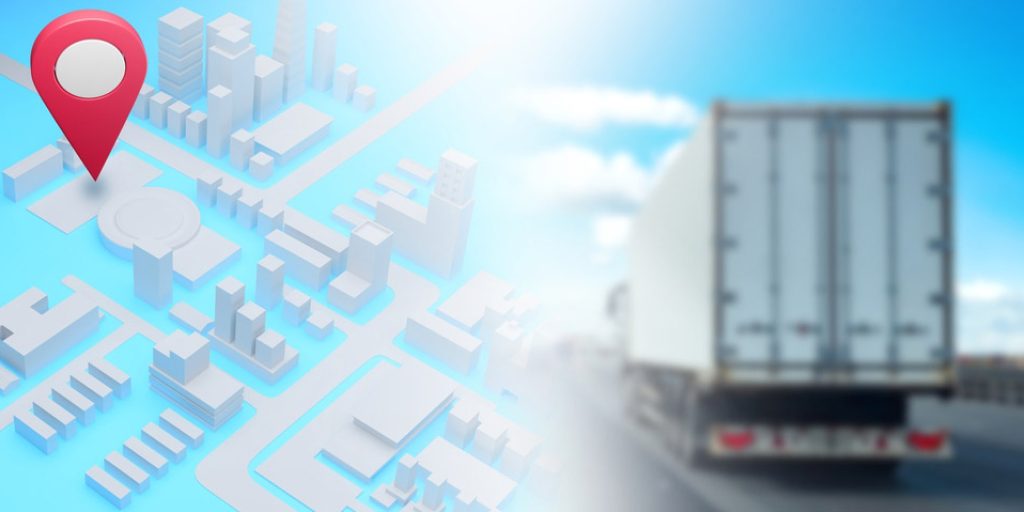 Freight logistics. Rear view of truck driving down road. Geotagging on 3d map. Logistics of goods. Delivery route. Truck for transporting goods. Shipment business. Logistics industry